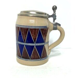 Vintage BMF German Beer Stein Pewter Lid Salt Glaze Blue Maroon Argyle Diamonds